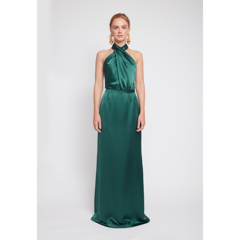 Thumbnail of Aliur Green Satin Halter Neck Long Evening Dress image