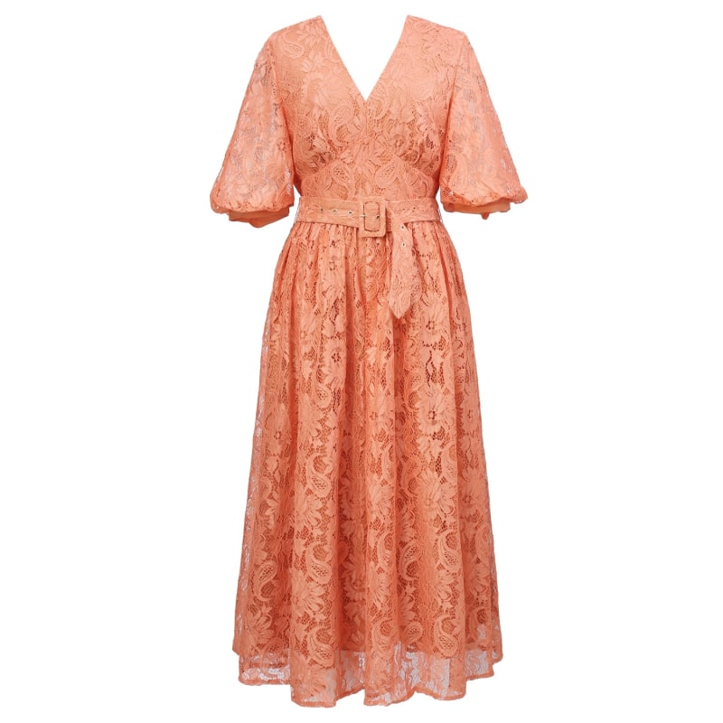 Thumbnail of All-Lace Puffy Sleeves Dress With Belt - Apricot image