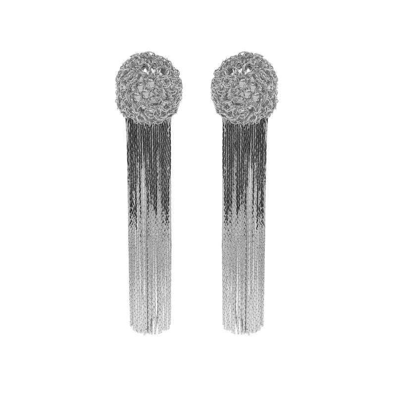 Thumbnail of All Silver Spheres Fringe Handmade Crochet Earrings image