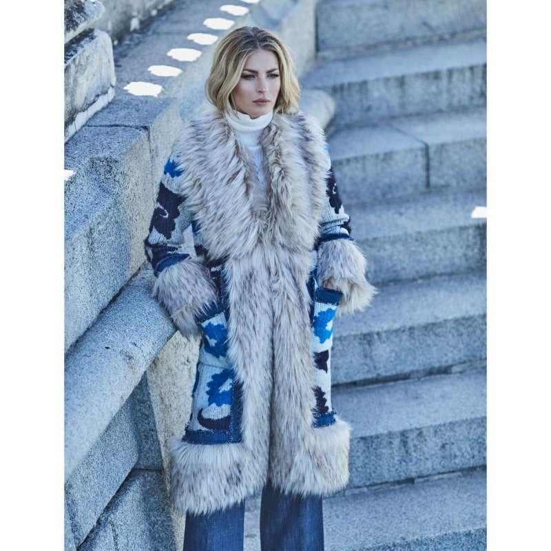 Alpaca Merino Wool Long Coat With Vegan Fur Details Figaro Blue by The Extreme Collection