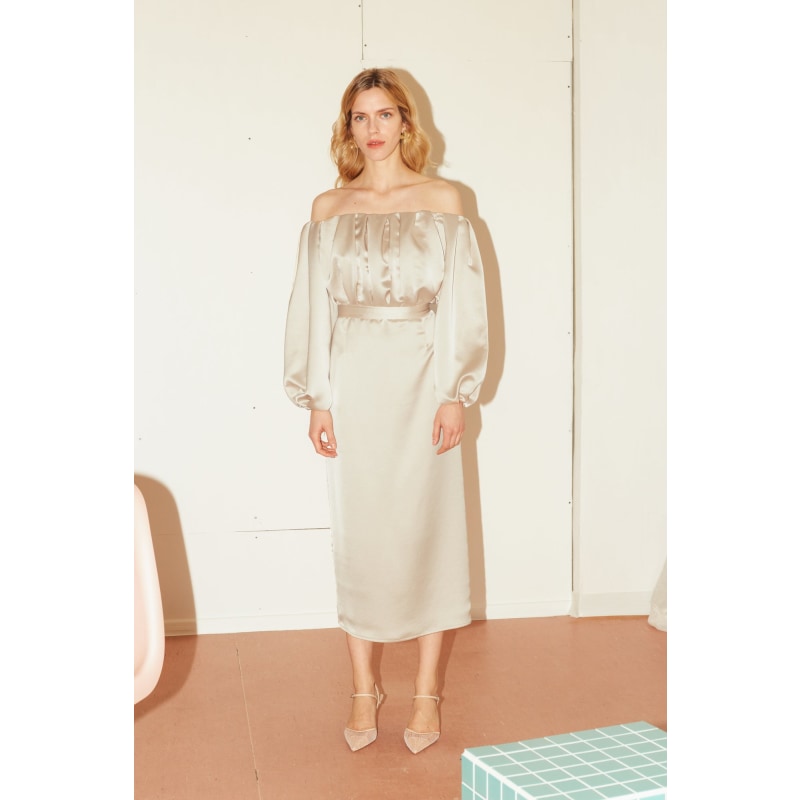 Thumbnail of Alya Beige Long Off Shoulder Midi Cocktail Dress image