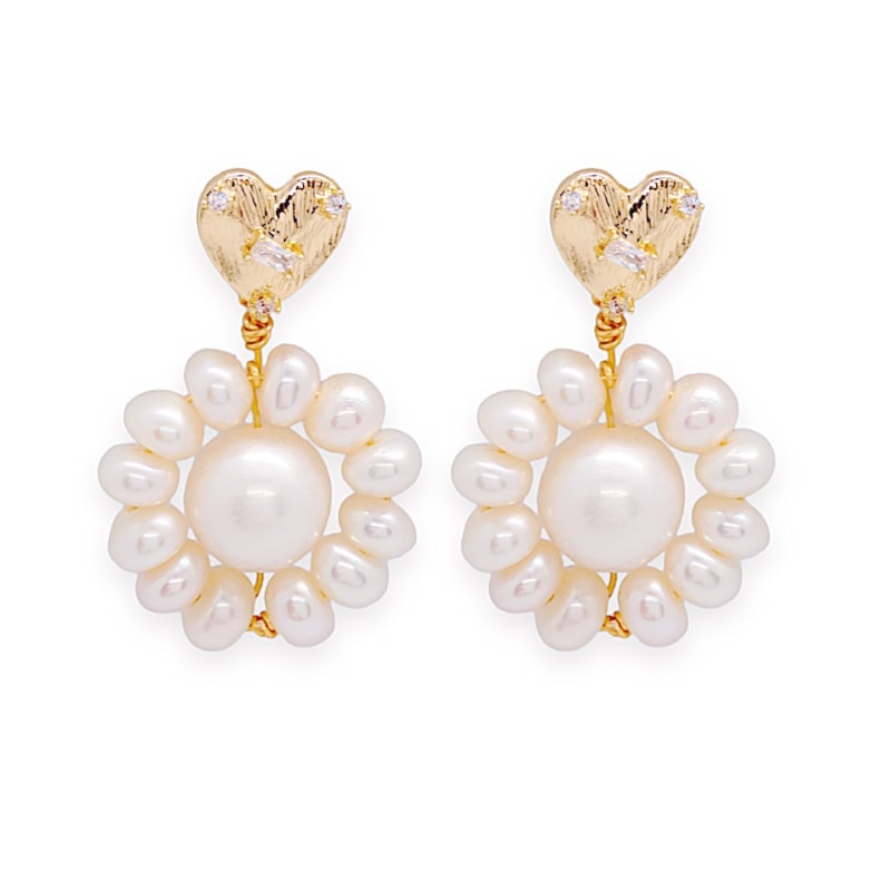 Thumbnail of Amore Crystal Heart Flower Pearl Earrings image