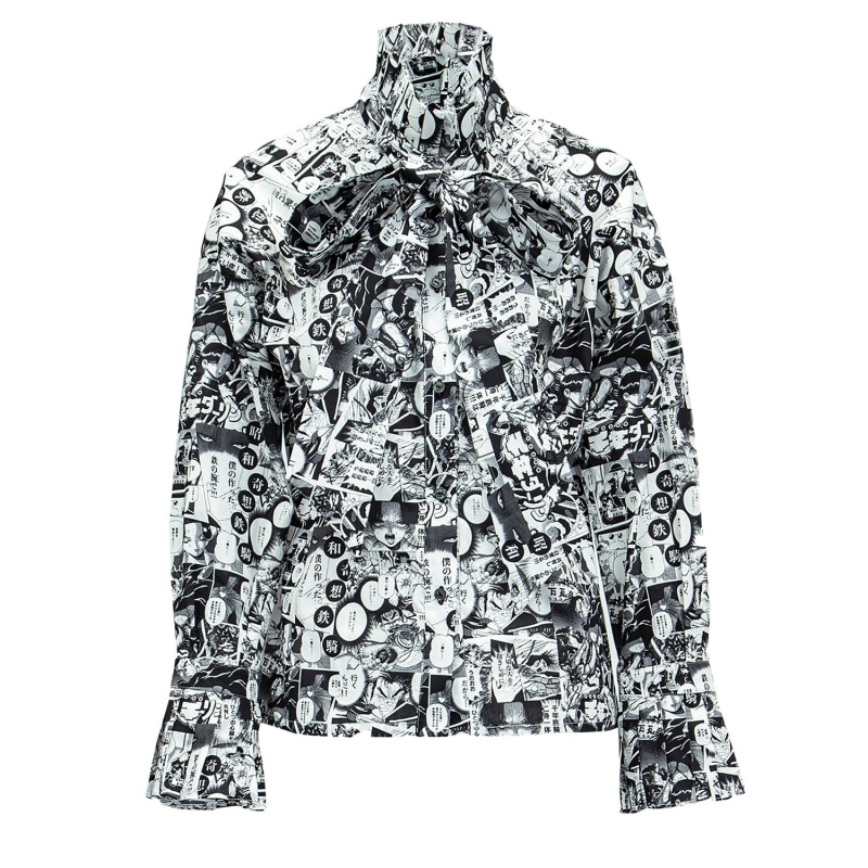 Thumbnail of Chelsea Blouse -Cotton Blouse In Japanese Comic Print W/ Pleated Collar & Long Bow Tie image