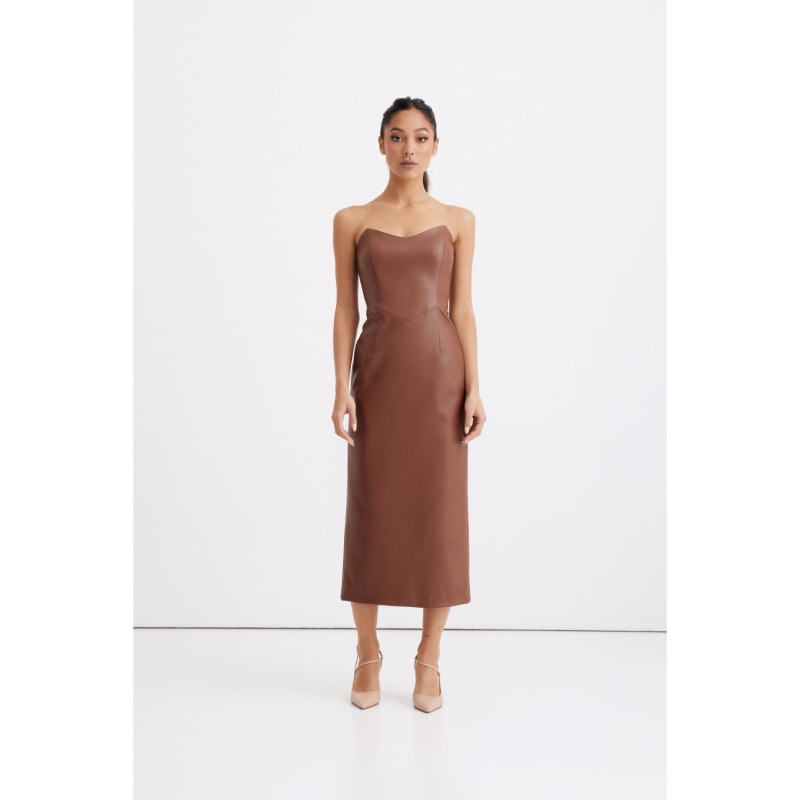 Thumbnail of Angelina Brown Faux Leather Corset Midi Dress image