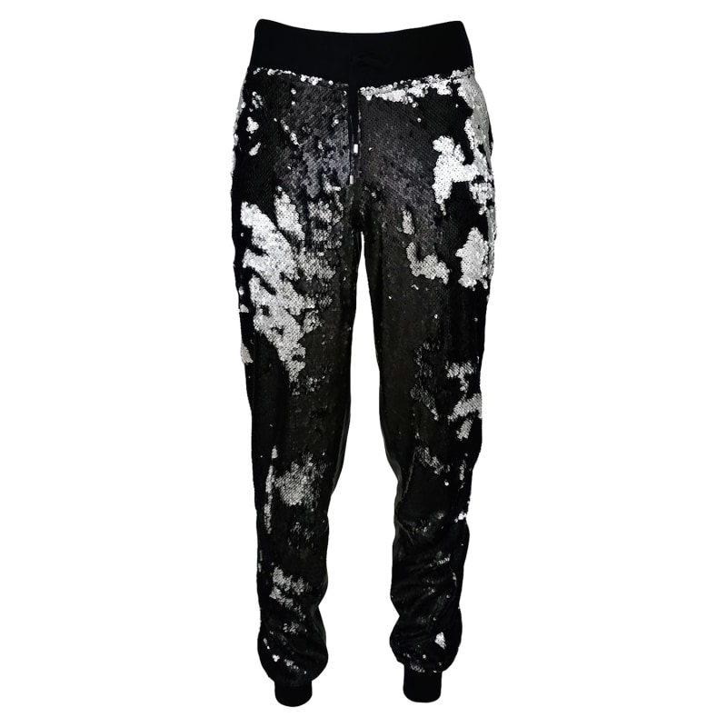 Thumbnail of Double-Sided Sequined Black Faux Leather Track Pants image