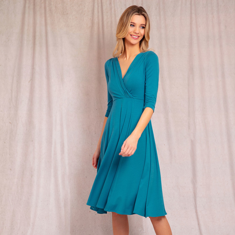 Thumbnail of Annie Faux Wrap Fit And Flare Party Dress In Celestial Blue image