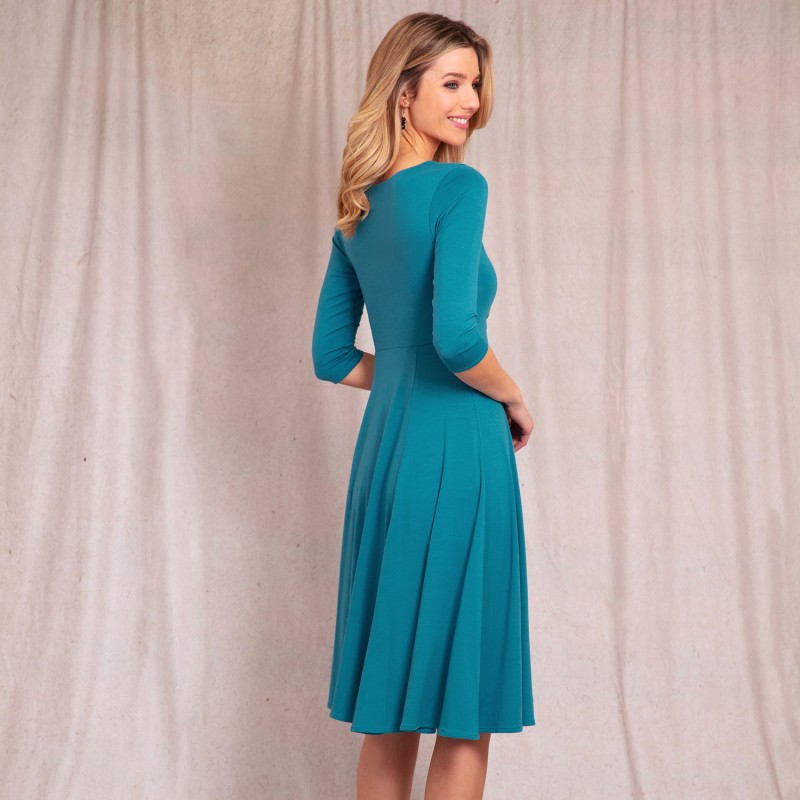 Thumbnail of Annie Faux Wrap Fit And Flare Party Dress In Celestial Blue image