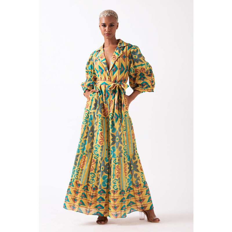 Thumbnail of Annie - Yellow Full Sleeve Maxi Shirt Dress With Lapel Collar image