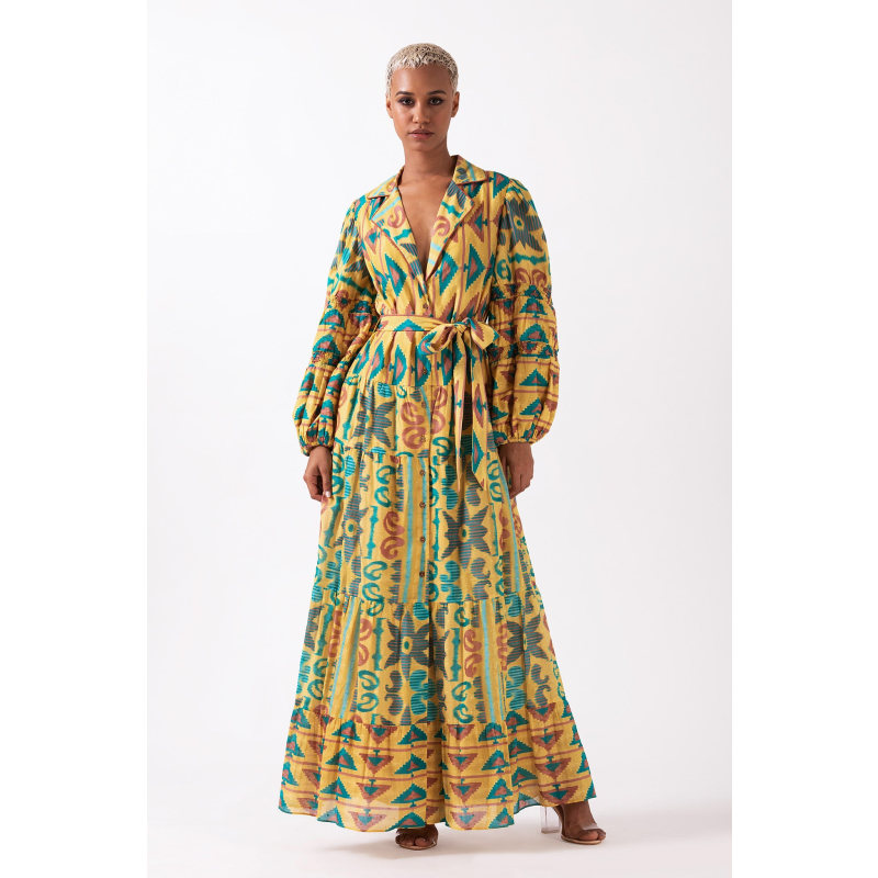 Thumbnail of Annie - Yellow Full Sleeve Maxi Shirt Dress With Lapel Collar image