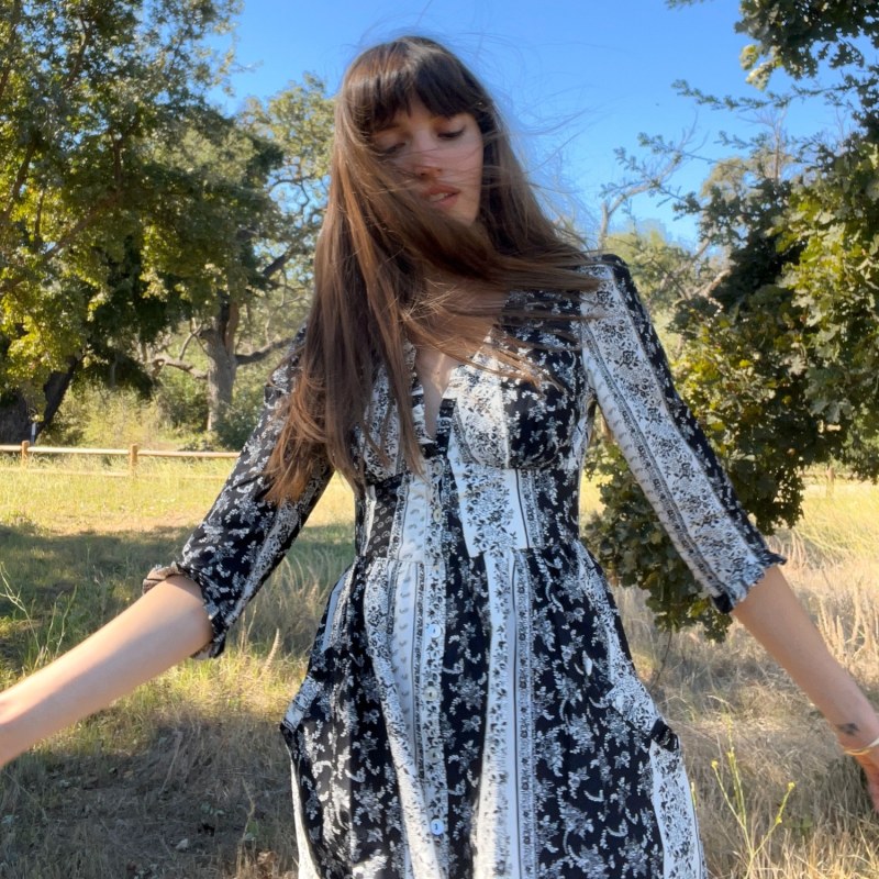 Thumbnail of Antonia Dress In Black & Vintage White Floral Wallpaper Cotton With Shell Buttons image