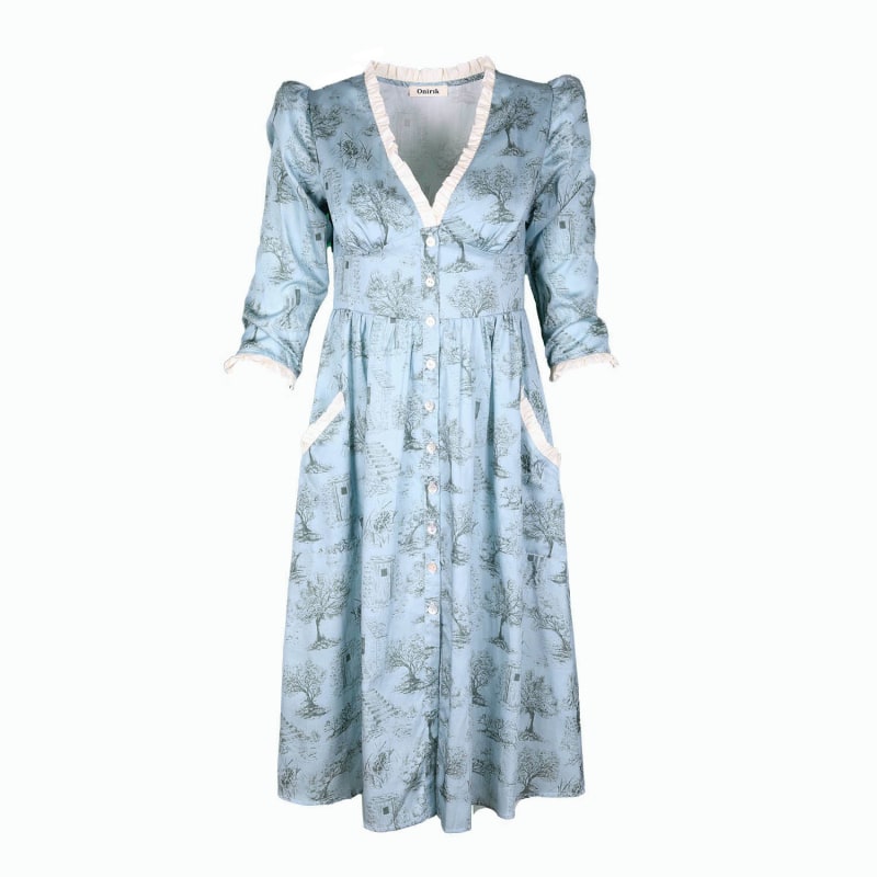 Thumbnail of Antonia Dress In Cottage Blue + Pewter Green Toile Cotton With Milk White Ruffle And Shell Buttons image