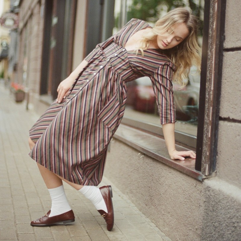 Thumbnail of Antonia Dress In Plum Woven Stripe Cotton With Shell Buttons And Patch Pockets image