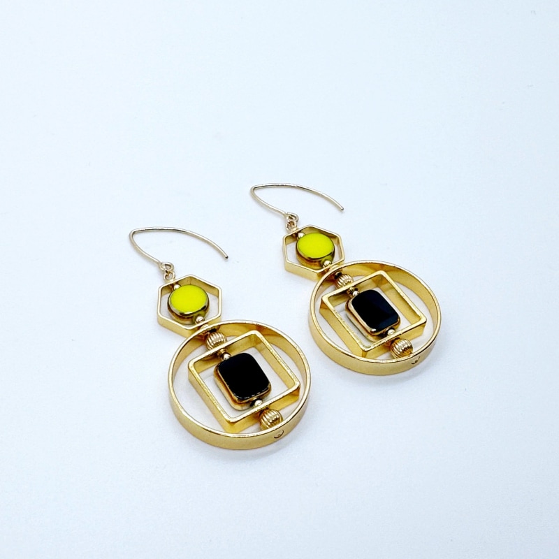 Thumbnail of Black And Chartreuse Vintage German Glass Beads Art Deco Earrings image