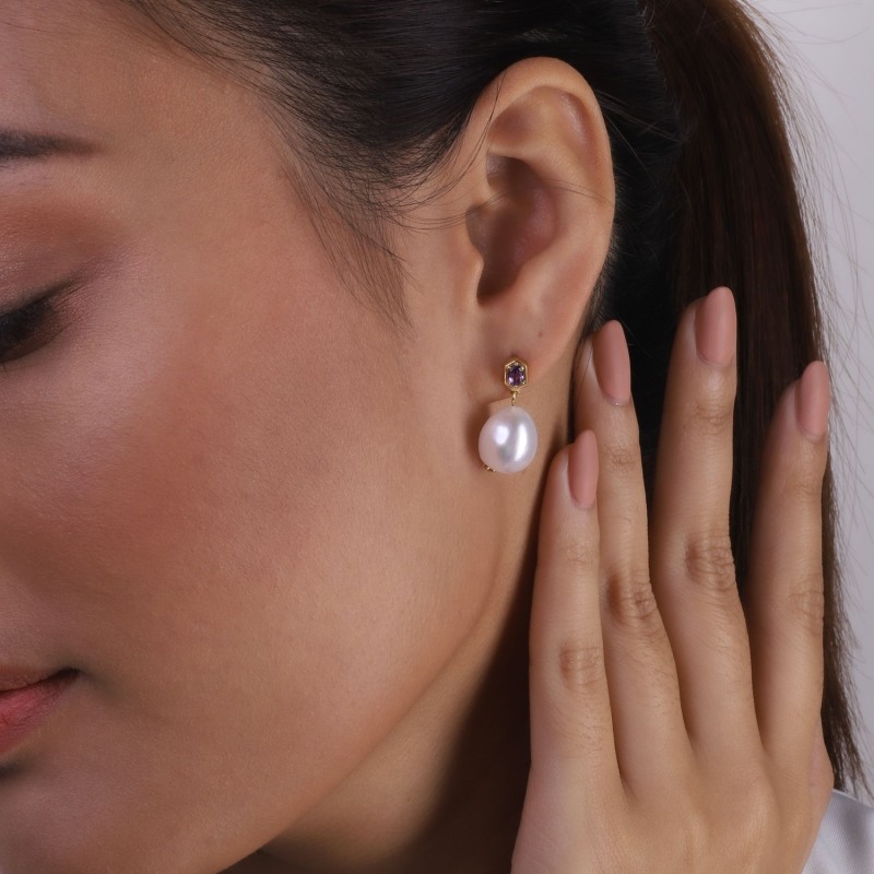 Thumbnail of Baroque Pearl & Amethyst Earrings In Yellow Gold Plated Silver image