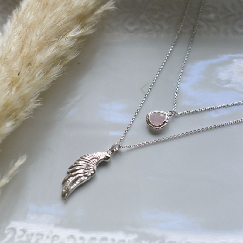 Thumbnail of Archangel Chamuel, Angel Of Love Necklace, Rose Quartz, White Rhodium Over Sterling Silver image