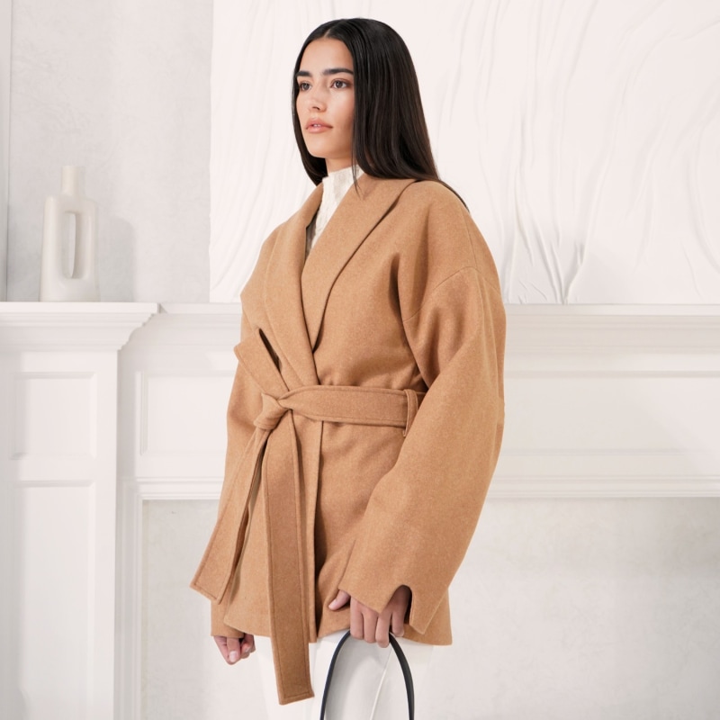 Aredra Belted Oversized Short Coat Camel by SARA MIRZA