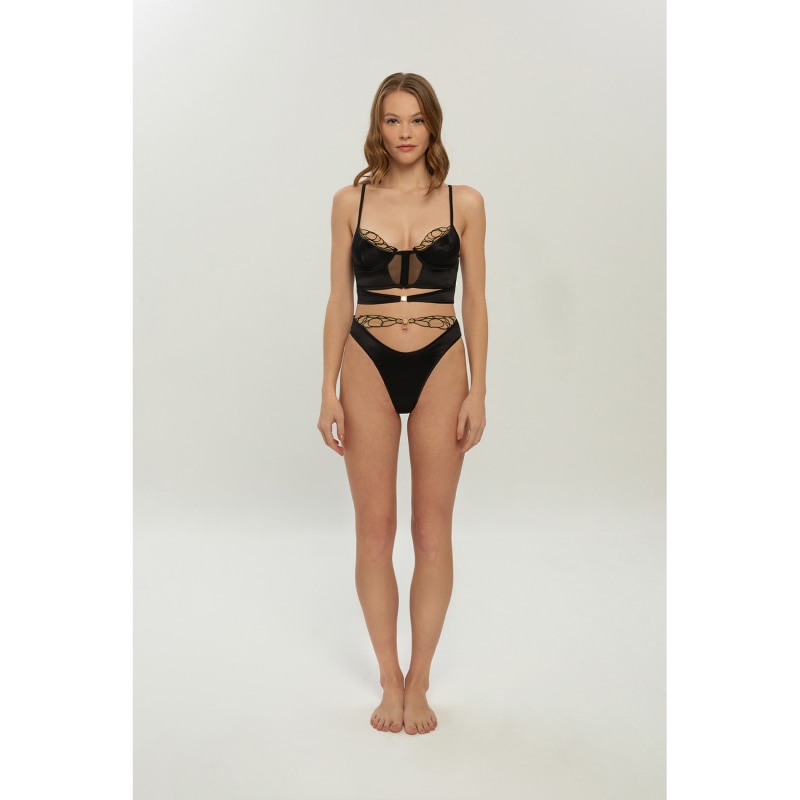 Thumbnail of Aria Black Silk High Waisted Brazilian Thong With Embroidered Belt image