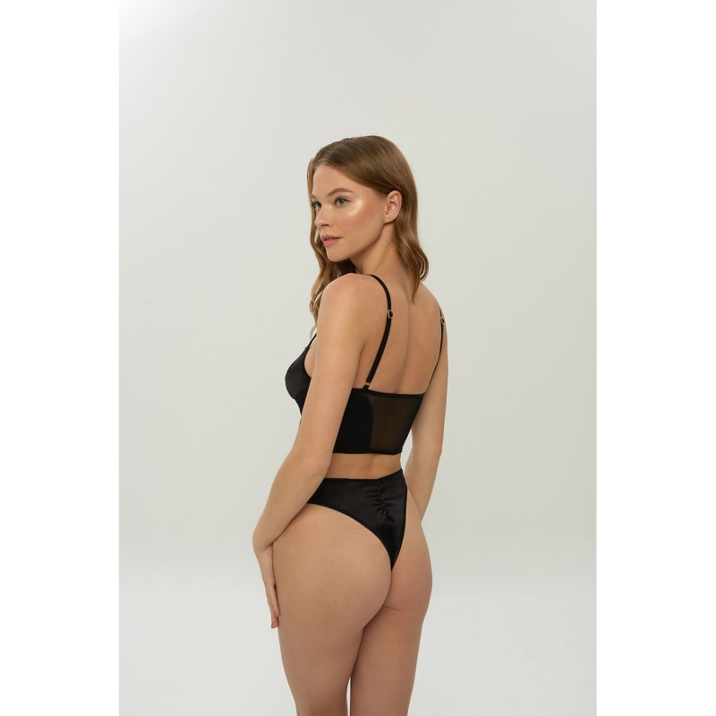 Thumbnail of Aria Black Silk High Waisted Brazilian Thong With Embroidered Belt image