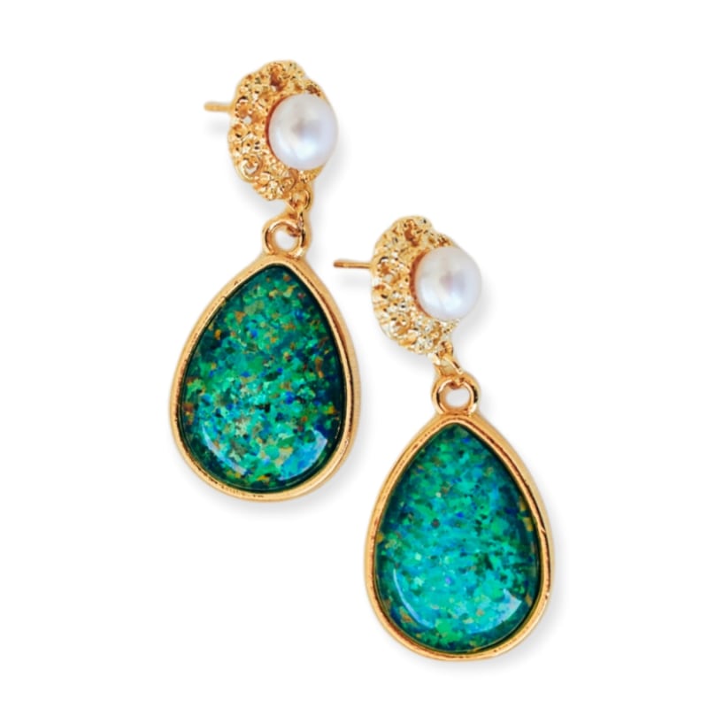 Thumbnail of Eloquence Statement Freshwater Pearl & Teardrop Opal Earrings - Blue, Gold, Green, White image