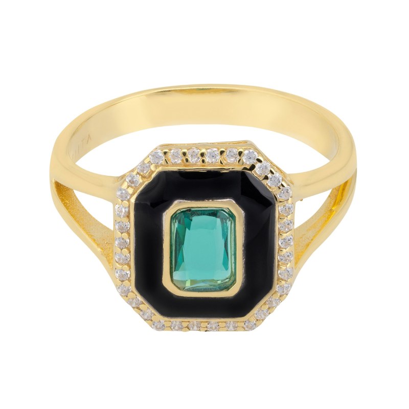 Thumbnail of Art Deco Emerald And Enamel Cocktail Ring Gold image