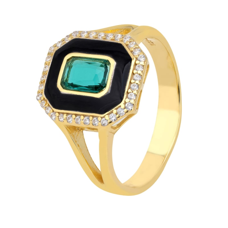 Thumbnail of Art Deco Emerald And Enamel Cocktail Ring Gold image