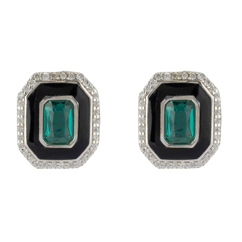 Thumbnail of Art Deco Emerald And Enamel Stud Earrings Silver image