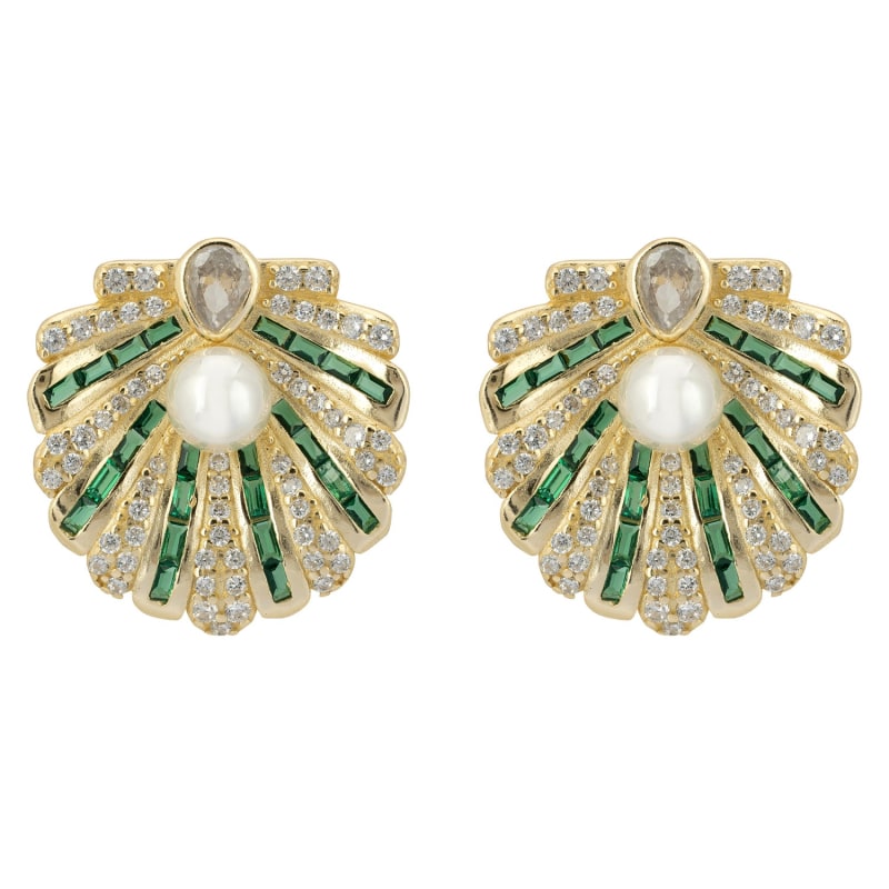 Thumbnail of Art Deco Scallop Shell Earrings Emerald Green With Pearl Gold image