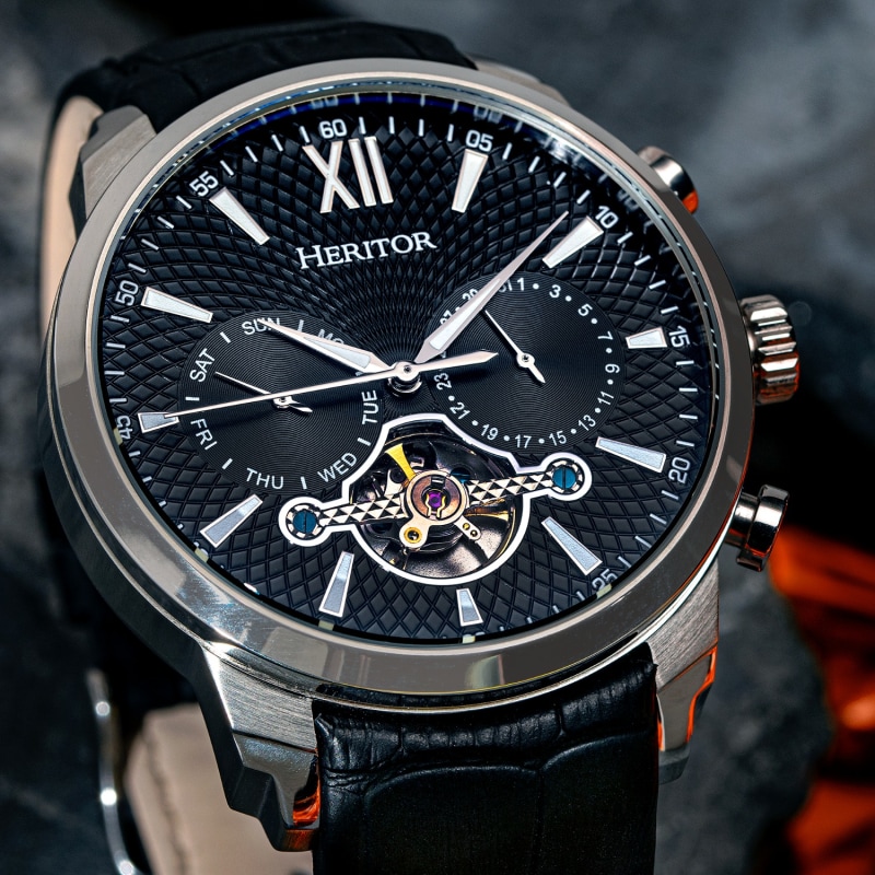 Arthur Semi Skeleton Leather Band Watch with Day and Date Black Silver Heritor Automatic Wolf Badger