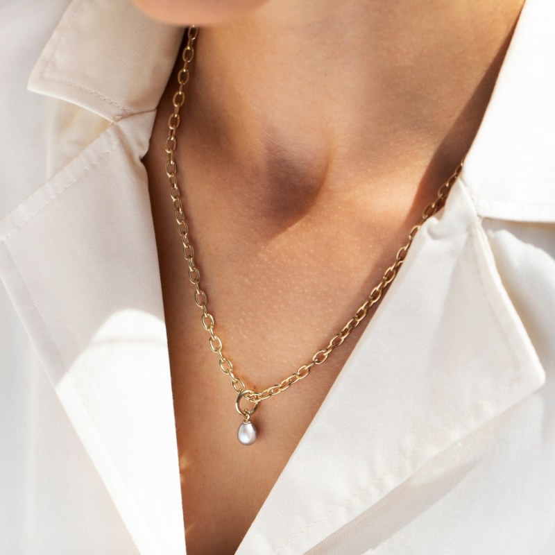 Chunky Chain Pearl Necklace - Gold