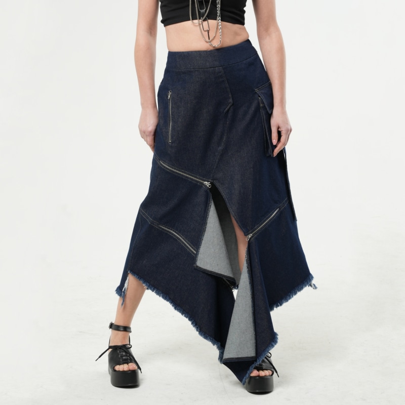 Asymmetric denim skirt with rubber