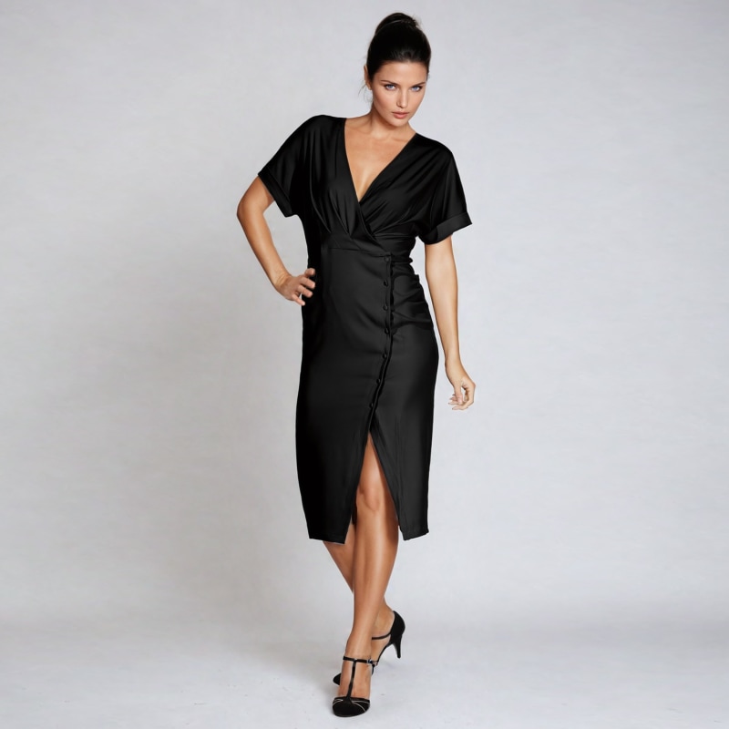 Thumbnail of Asymmetric Side Buttoned Cross-Heart Dress - Black image