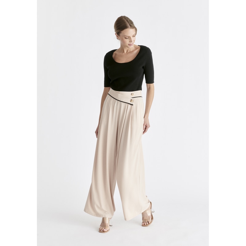 Beige Buckle Waistband Cotton Pants