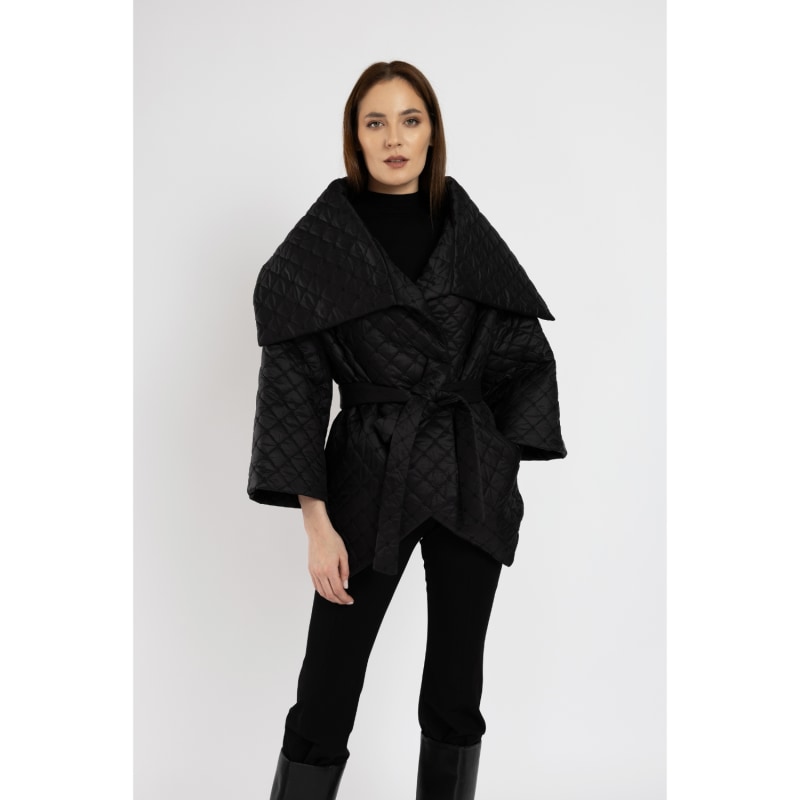 Asymmetrical Jacket In Black Quilted Fabric With Belt by IZABELA MANDOIU