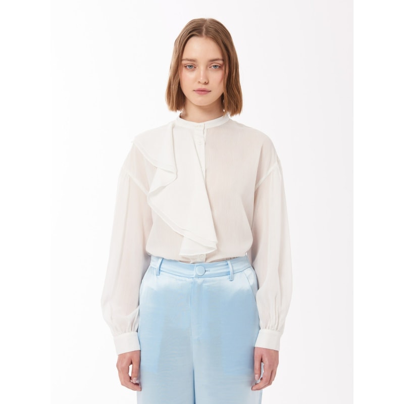Asymmetrical Ruffle Shirt In Ivory White by SOUR FIGS