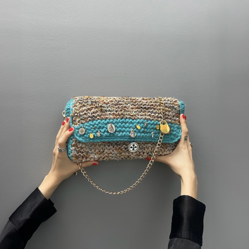 Thumbnail of Atlantico  Hand Knitted Bag With Medals - Tan & Blue image