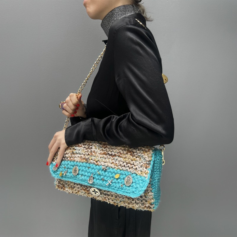 Thumbnail of Atlantico  Hand Knitted Bag With Medals - Tan & Blue image