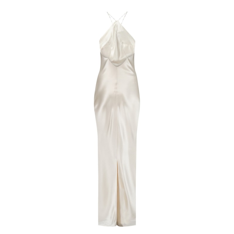 Thumbnail of Aubrey Satin Halter Bias Dress - Buttermilk Ivory image