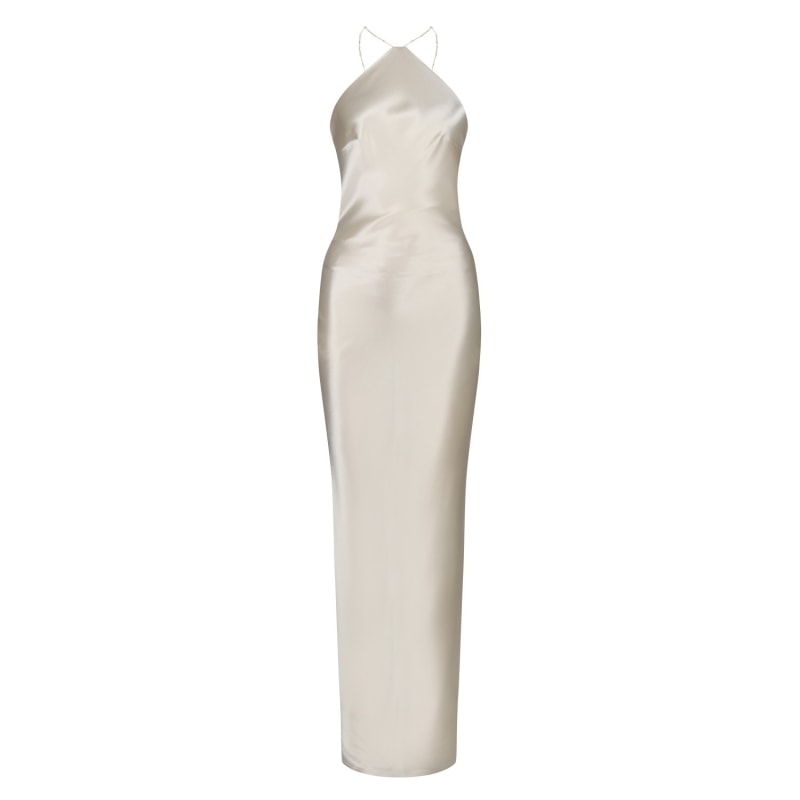 Thumbnail of Aubrey Satin Halter Bias Dress - Buttermilk Ivory image