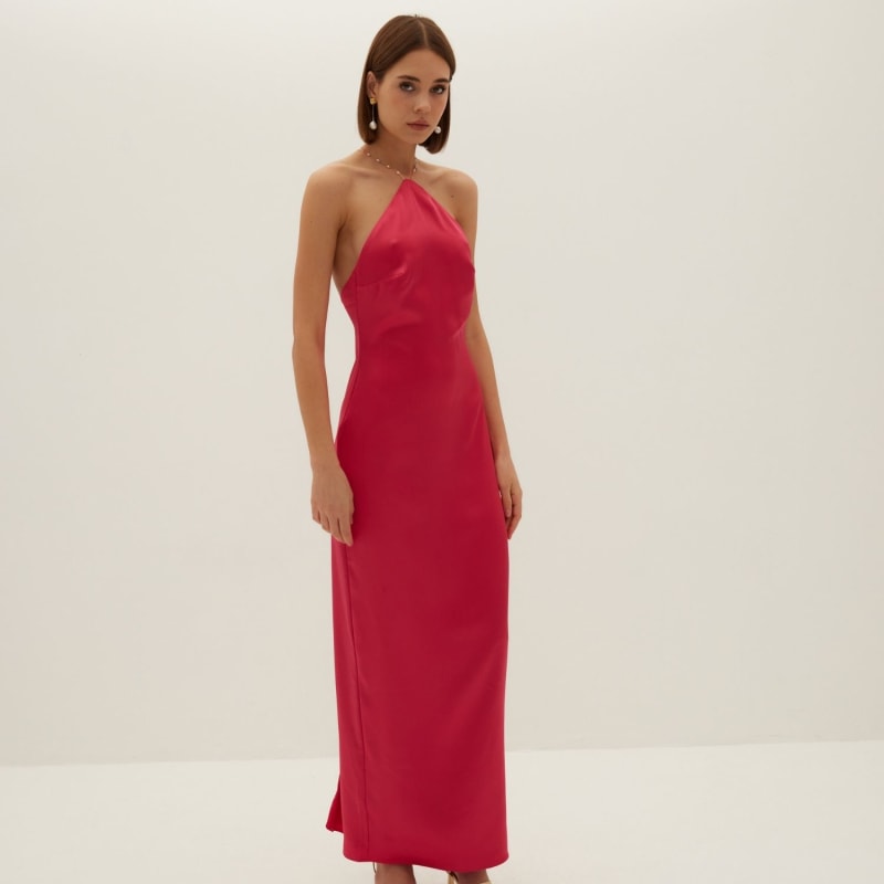 Thumbnail of Aubrey Satin Halter Maxi Dress - Fuchsia Pink image