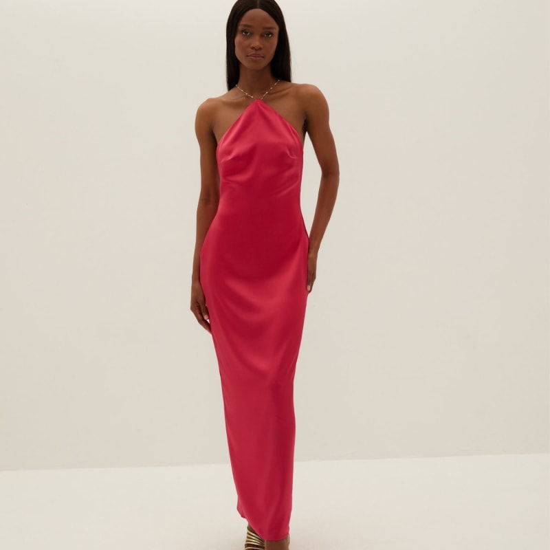 Thumbnail of Aubrey Satin Halter Maxi Dress - Fuchsia Pink image