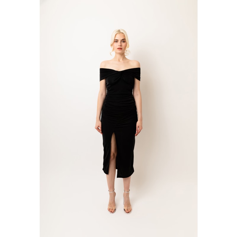 V front bardot clearance midi dress black