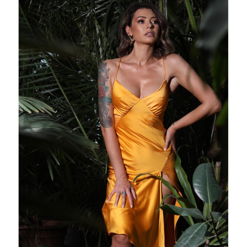 Yellow satin midi dress shop