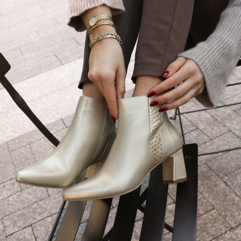Aurlene Ankle Booties In Gold Metallic Croc Embossed Leather by STIVALI NEW YORK