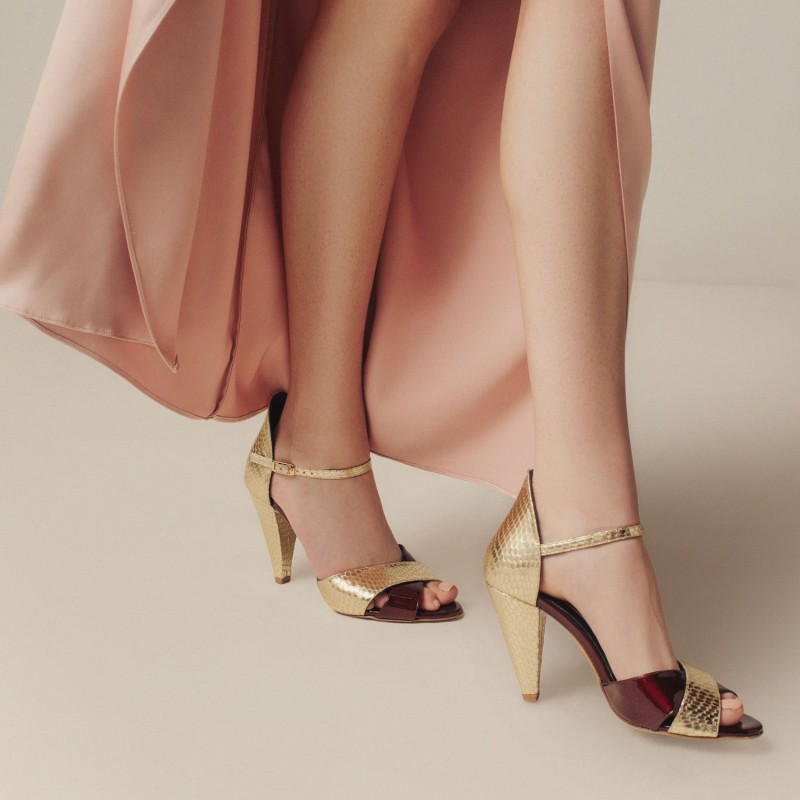 Burgundy and gold sandals store