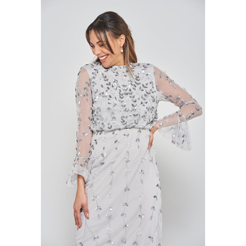 Thumbnail of Ava Sequin Midi Dress With Flared Sleeves - Grey image