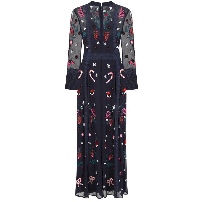 Avery Christmas Embroidered Maxi Dress With Lace Panels - Navy | Frock ...