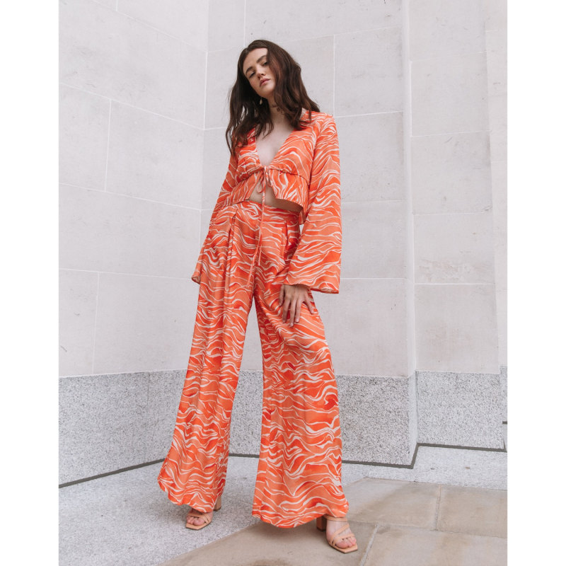 Thumbnail of The Alba Wide Leg Trousers In Orange Waves Satin image