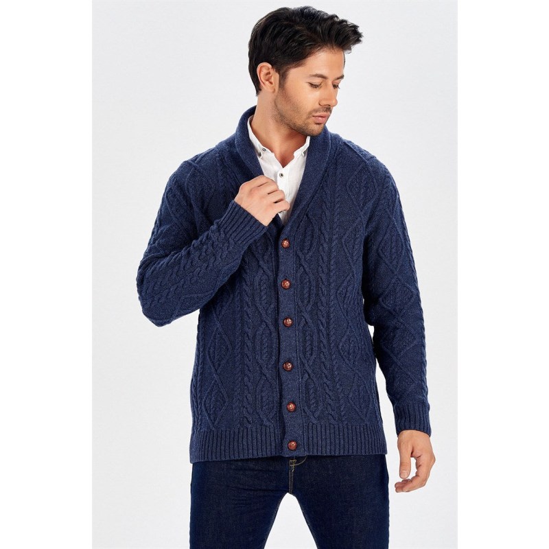 Thumbnail of Shawl Collar Cashmere Blend Cable Knit Men's Cardigan - Indigo image