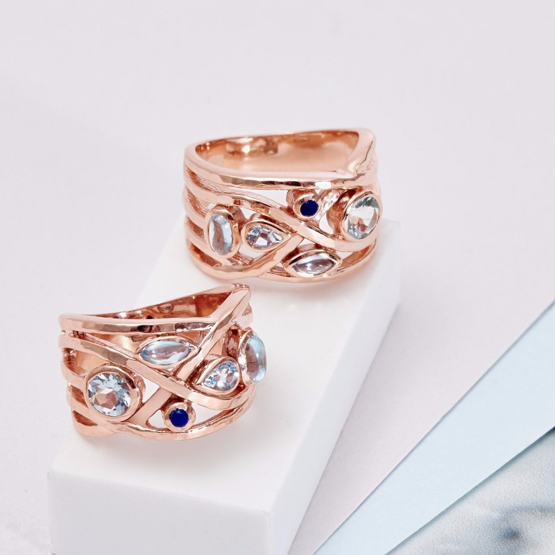 Thumbnail of Rose Gold Cocktail Ring Aquamarine, Blue Topaz & Lapis Lazuli Liana image