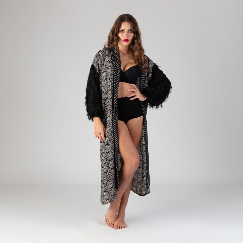 Thumbnail of Maya - Black, White and Gold Robe with Black Fringe Sleeves and Sash image